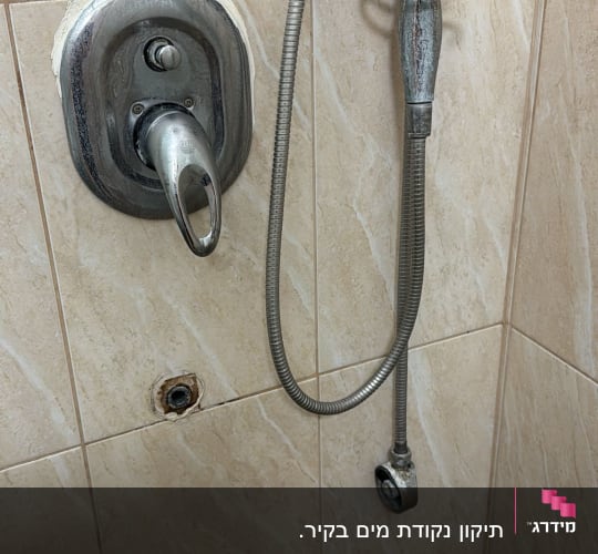 ראש מקלחת וברז על קיר אריחים